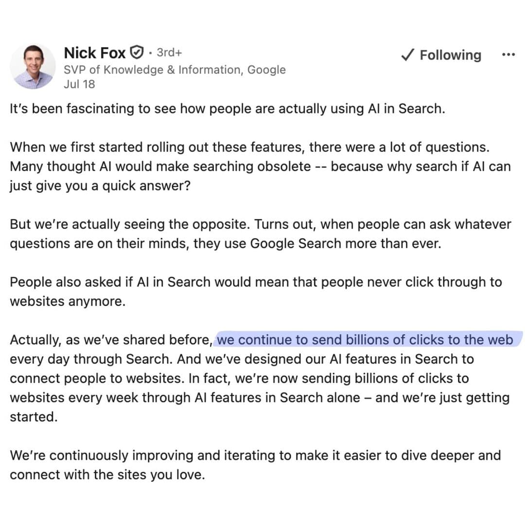 A LinkedIn quote from Nick Fox at Google