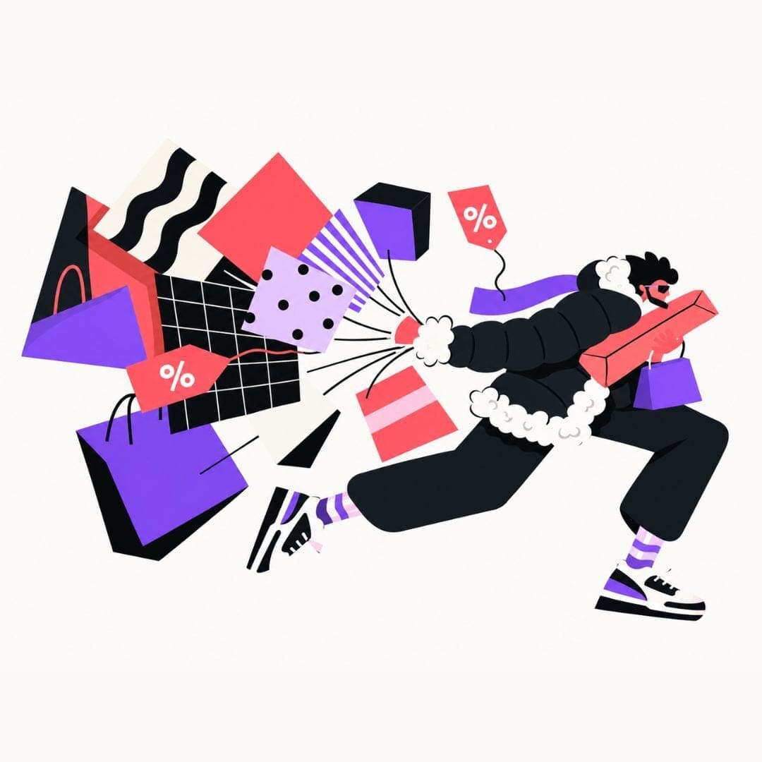 Illustration of a shopper running with an armful of sale bags and discount tags