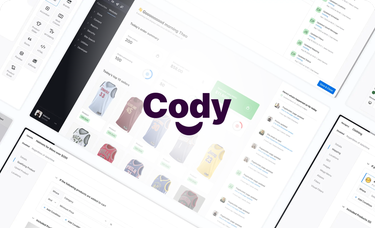 Screens showing the Cody platform with Cody logo overlayed on top